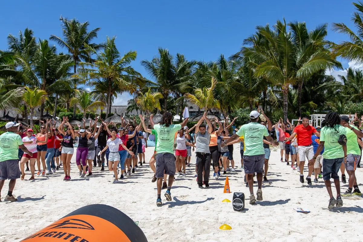 Large group warmup at beach resort