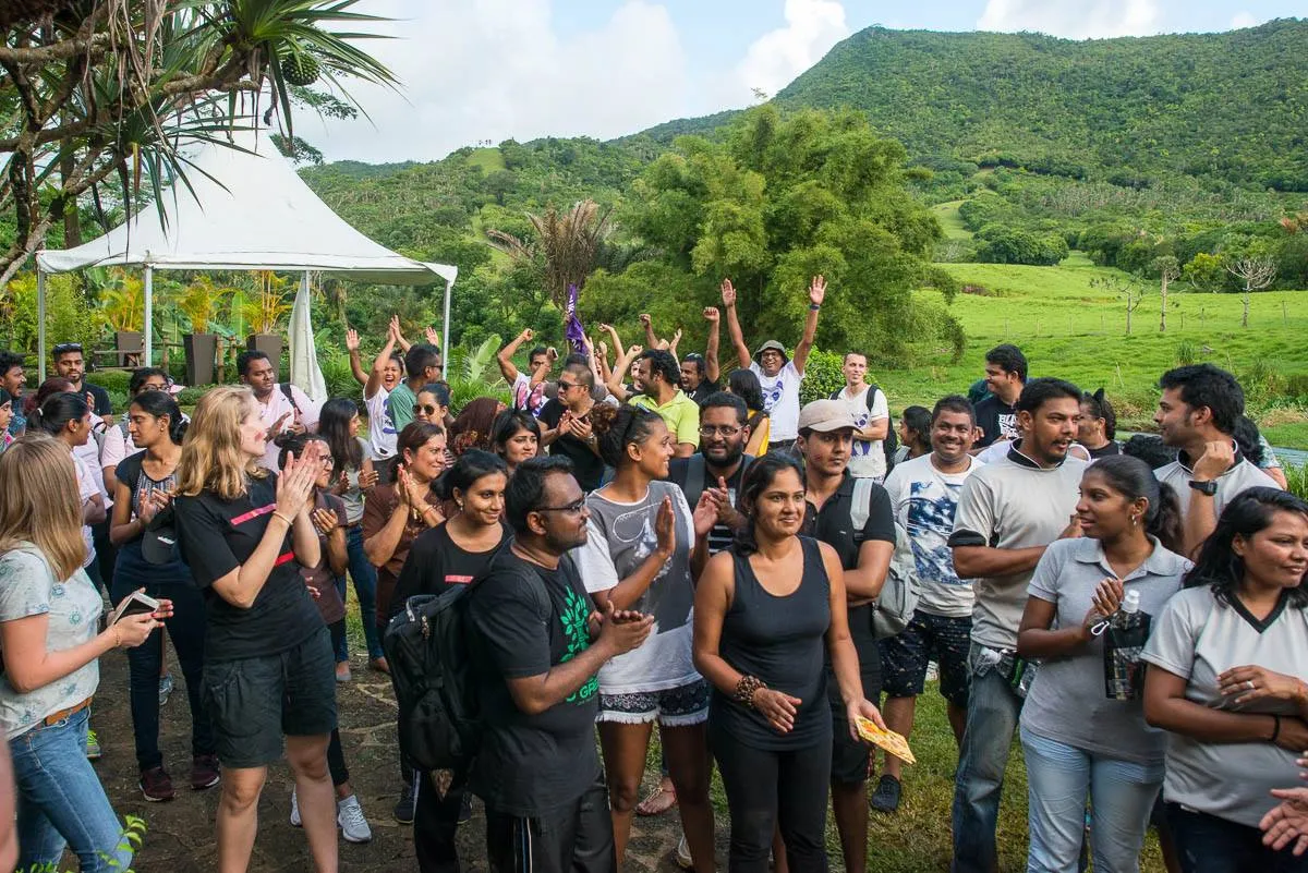 Corporate celebration with mountain backdrop